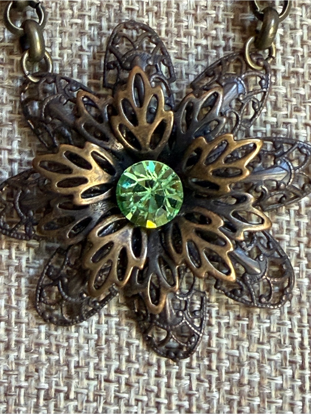 Antique Bronze Filigree Necklace with Peridot Swarovski Stone - NWT